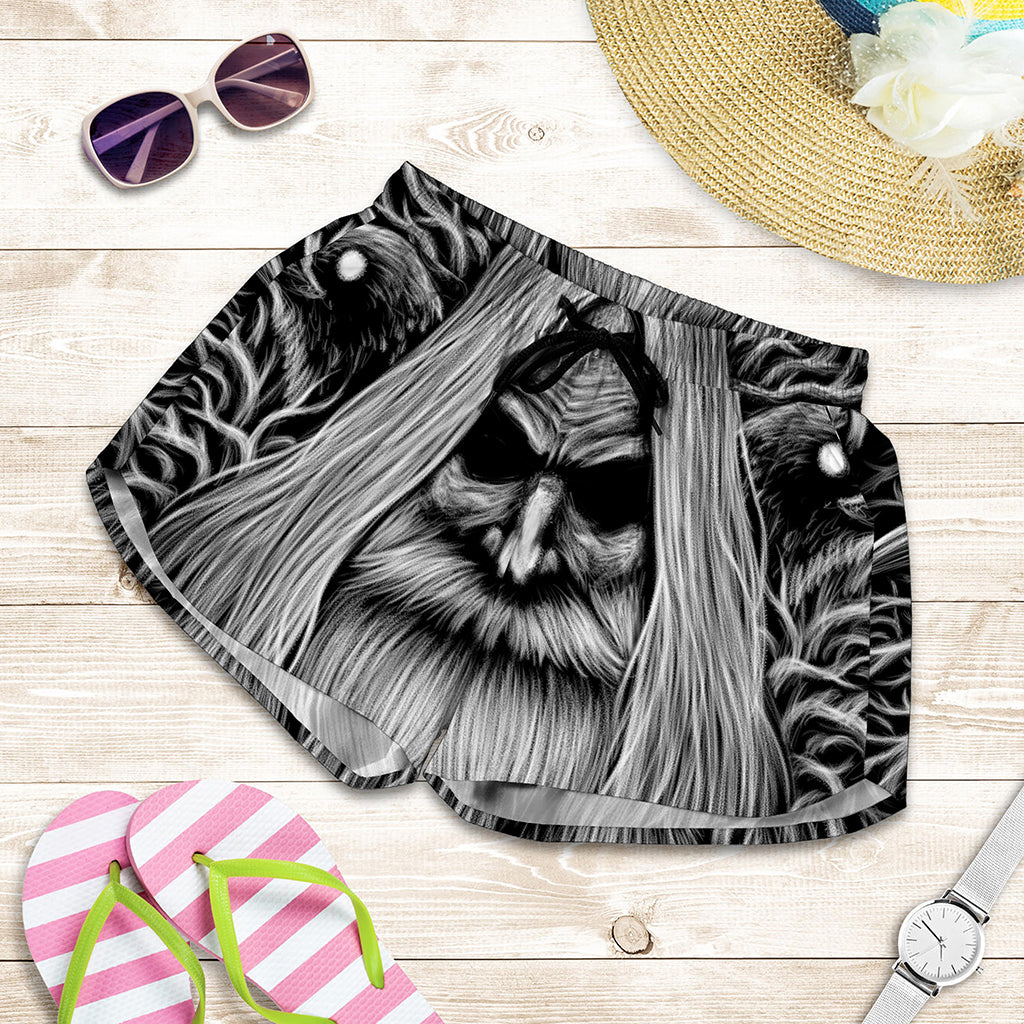 Black And White Odin With Crows Print Women's Shorts