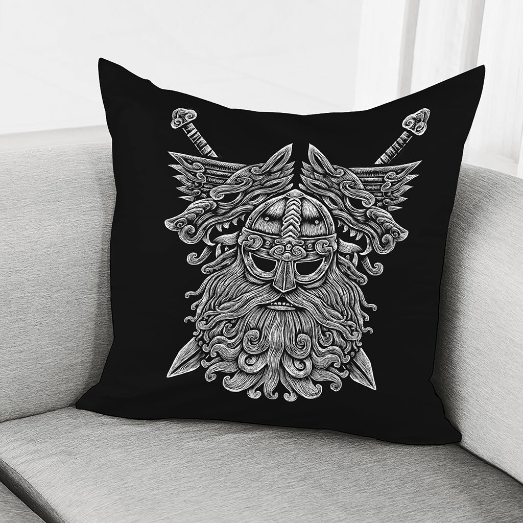 Black And White Odin With Wolfs Print Pillow Cover
