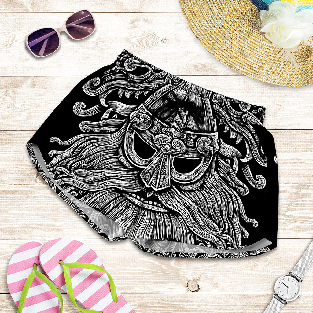 Black And White Odin With Wolfs Print Women's Shorts