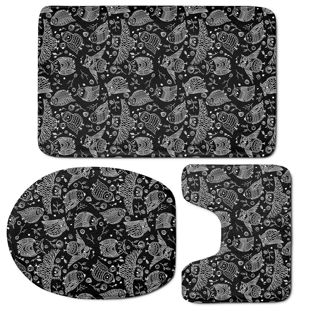 Black And White Owl Pattern Print 3 Piece Bath Mat Set