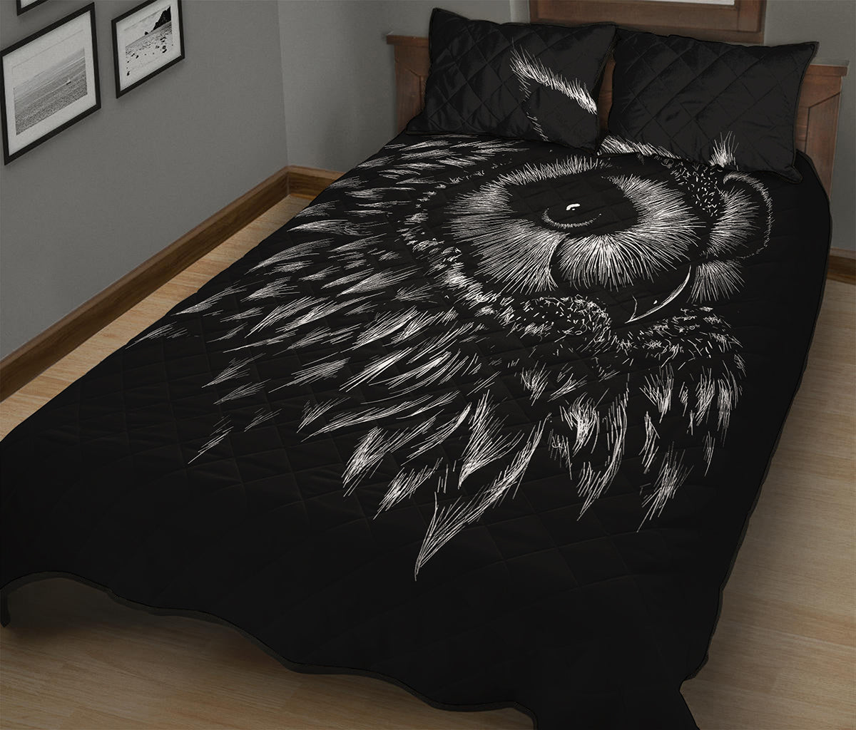 Black And White Owl Print Quilt Bed Set