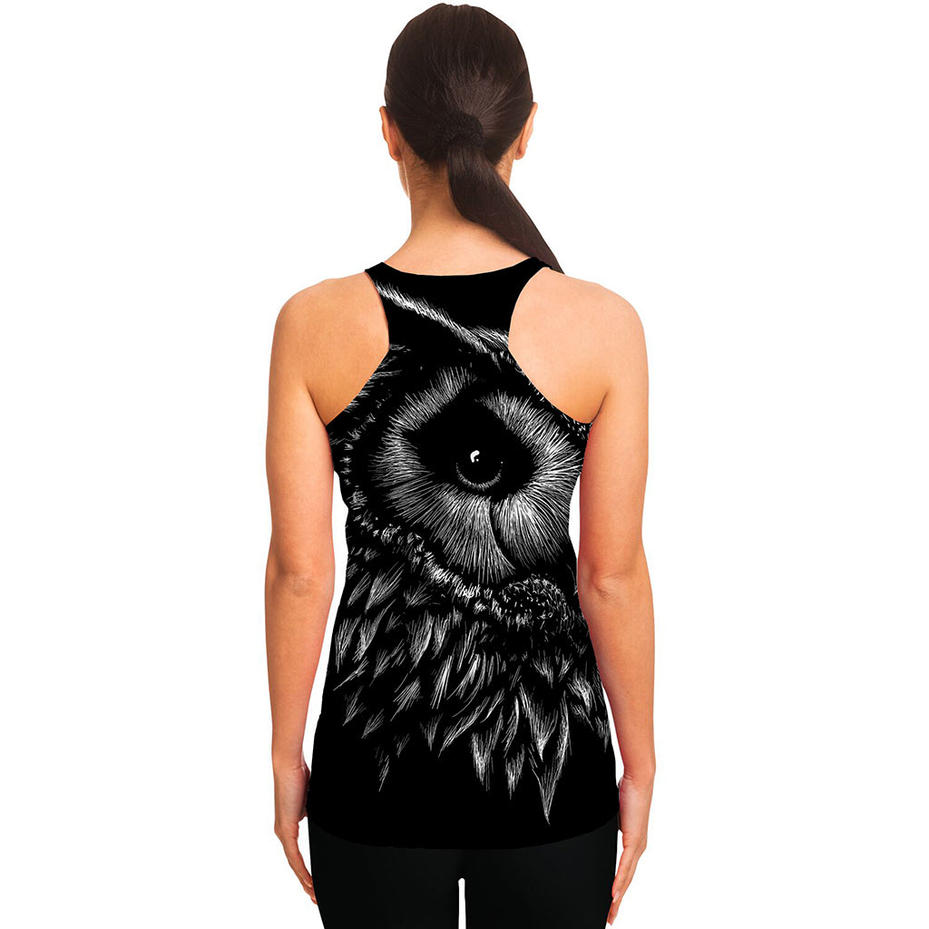 Black And White Owl Print Women's Racerback Tank Top