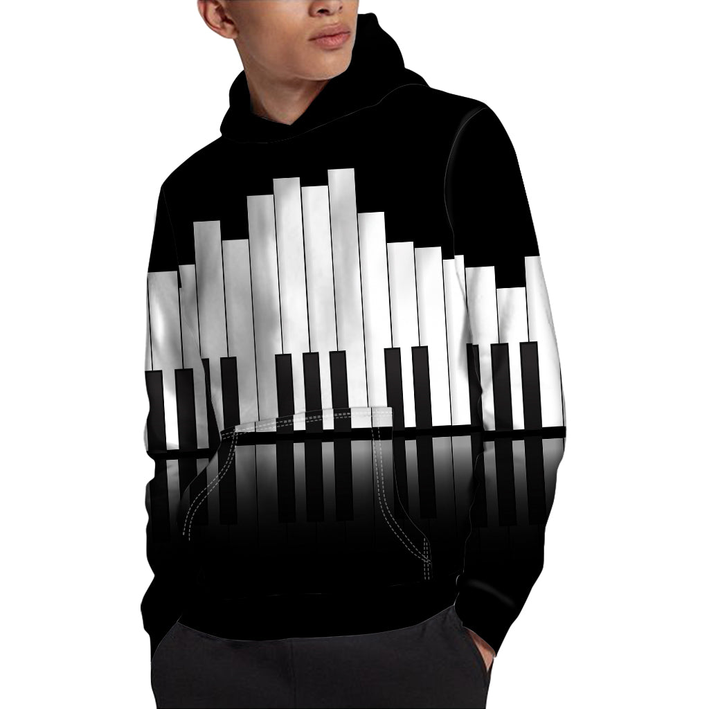 Black And White Piano Keyboard Print Pullover Hoodie