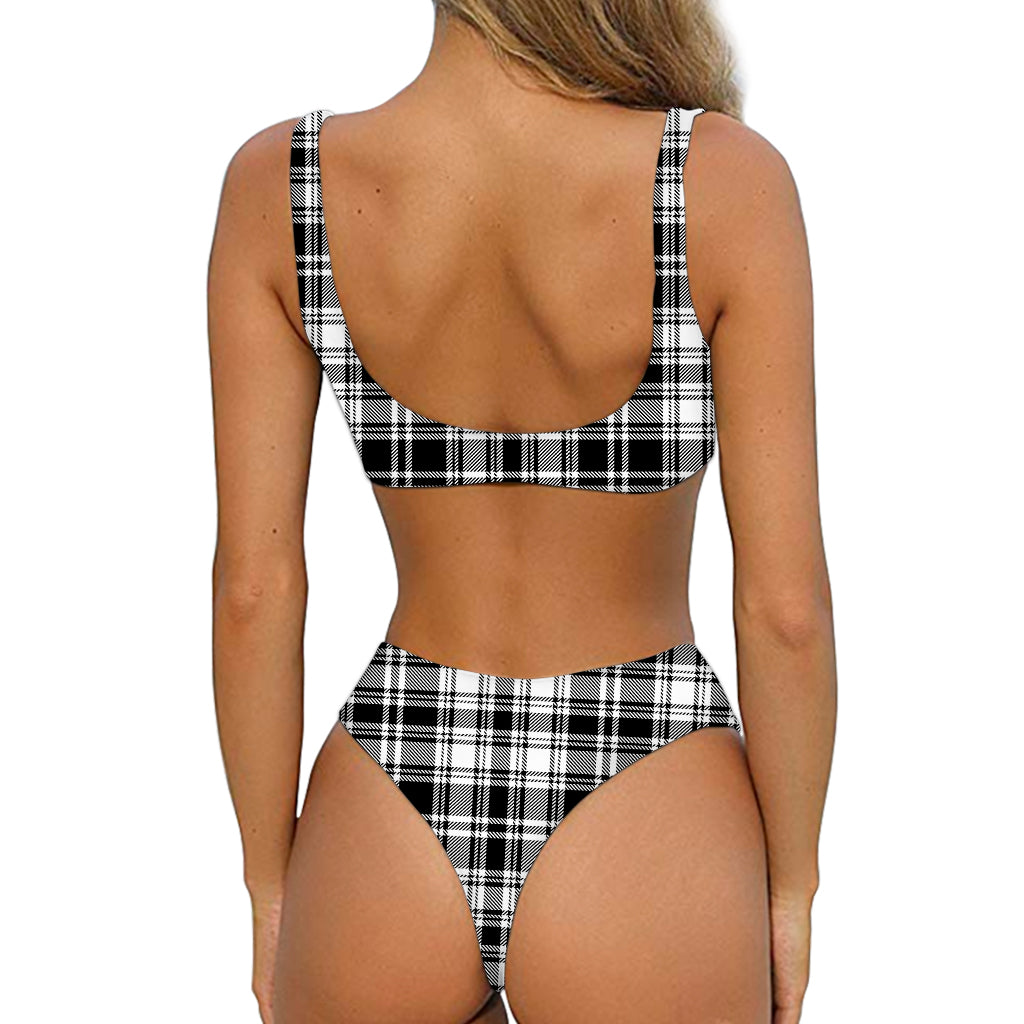 Black And White Plaid Pattern Print Front Bow Tie Bikini