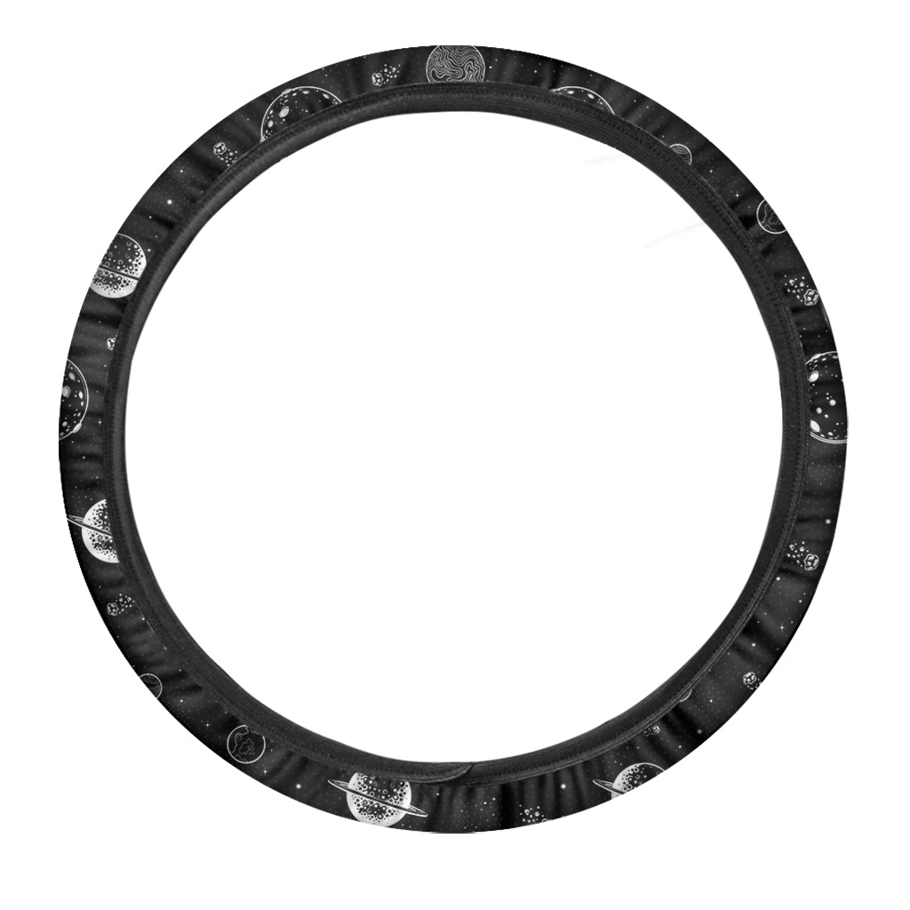 Black And White Planets Pattern Print Car Steering Wheel Cover