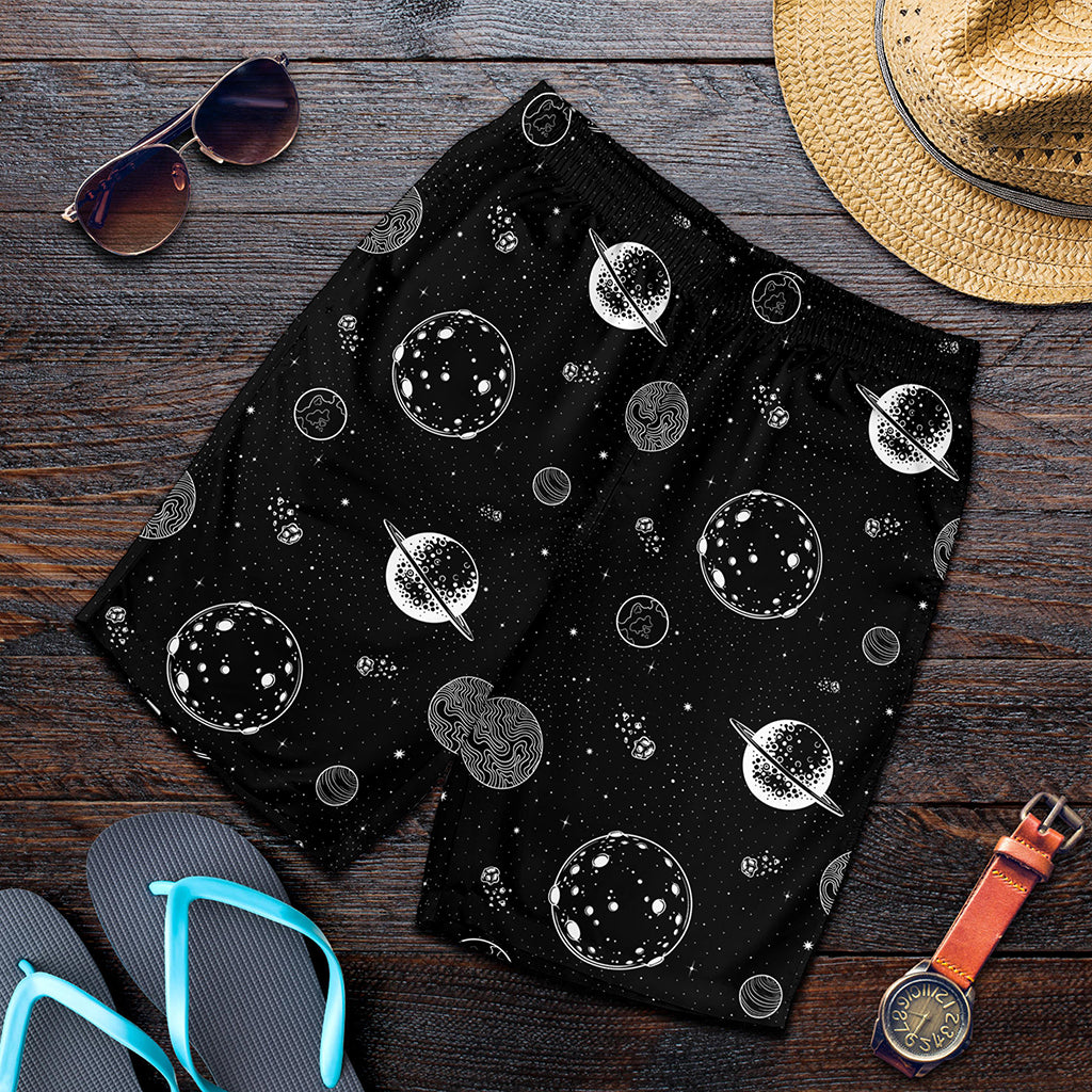 Black And White Planets Pattern Print Men's Shorts