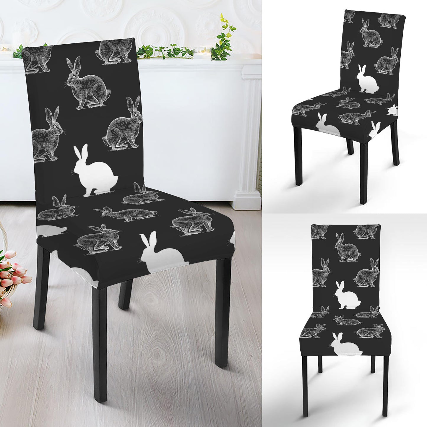Black And White Rabbit Pattern Print Dining Chair Slipcover