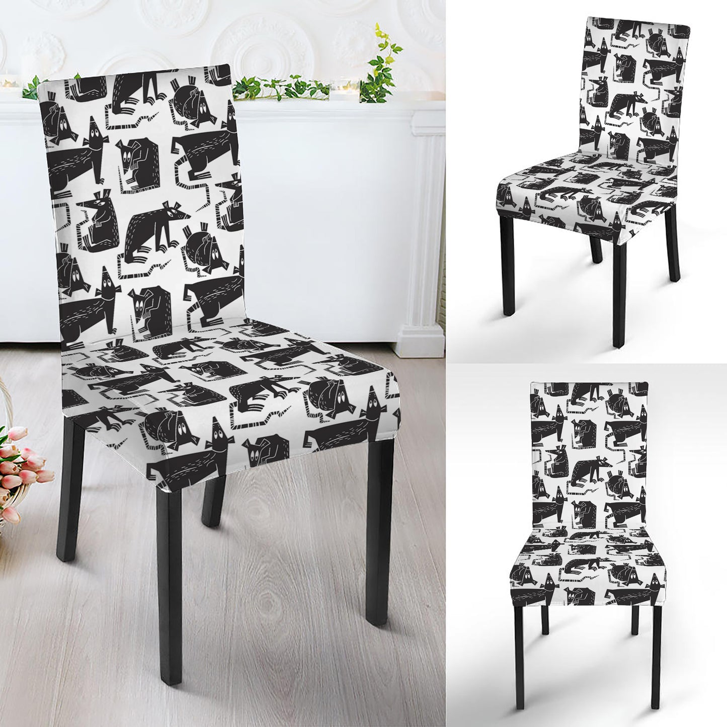 Black And White Rat Pattern Print Dining Chair Slipcover