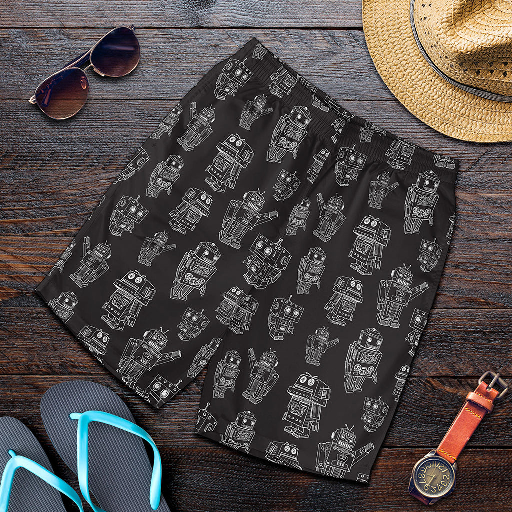 Black And White Robot Pattern Print Men's Shorts