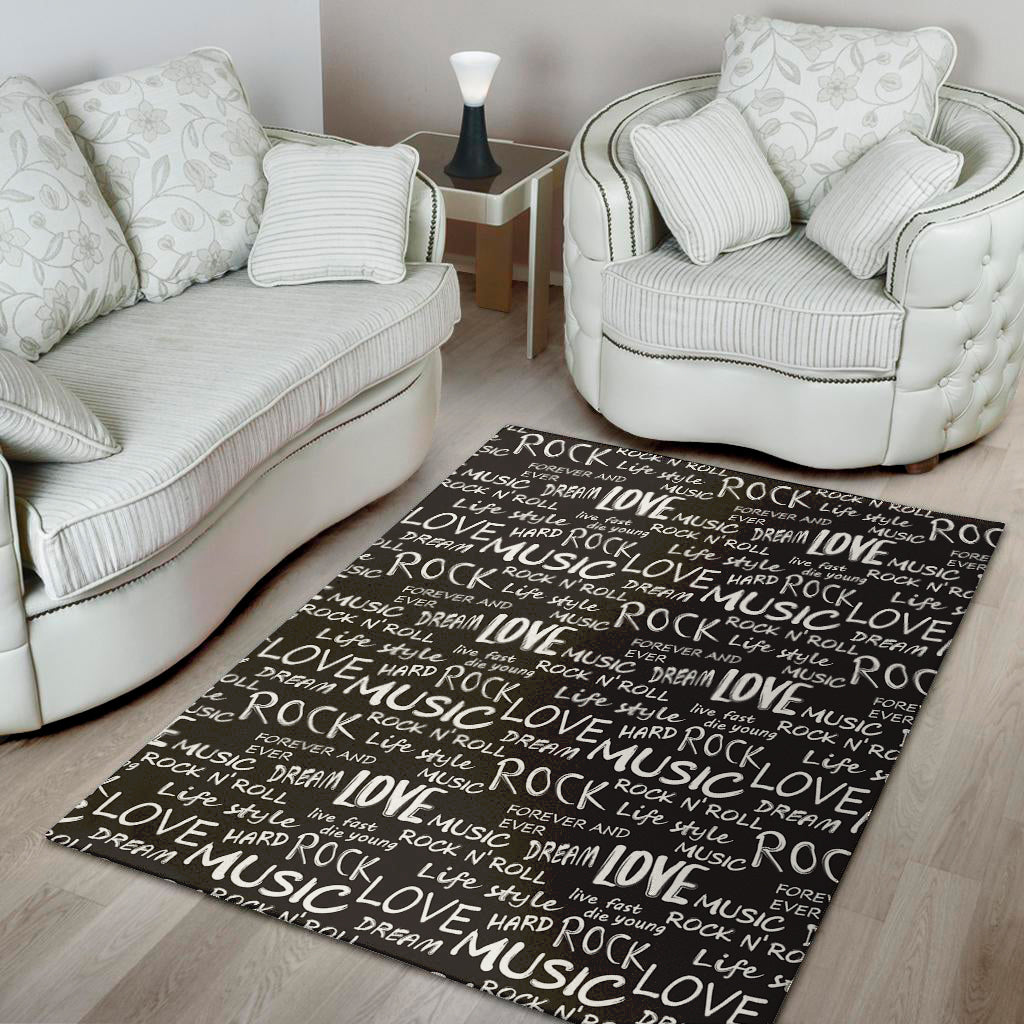 Black And White Rock And Roll Print Area Rug
