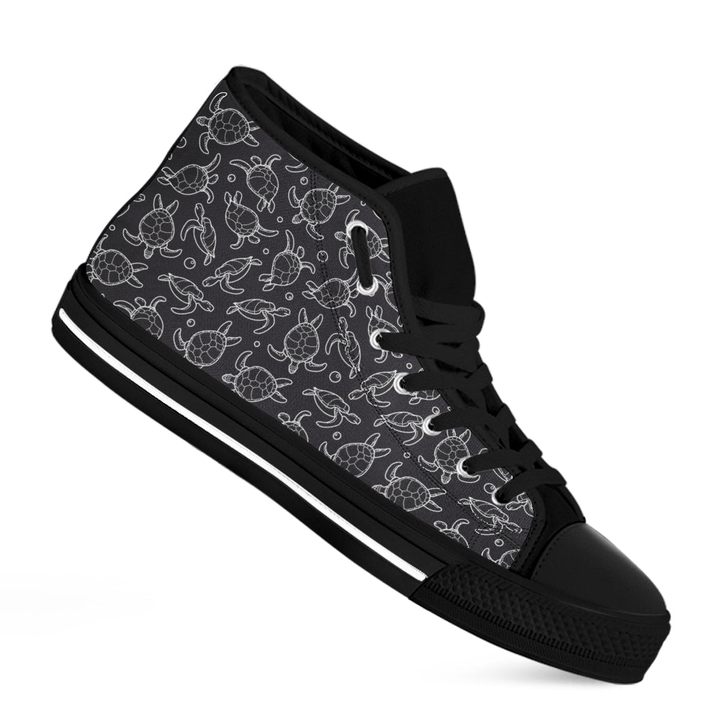 Black And White Sea Turtle Pattern Print Black High Top Shoes