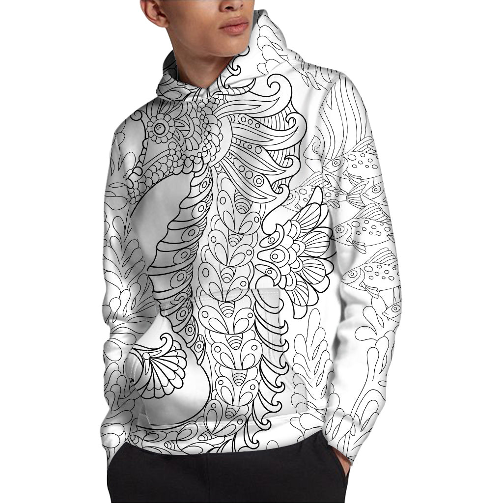 Black And White Seahorse Print Pullover Hoodie