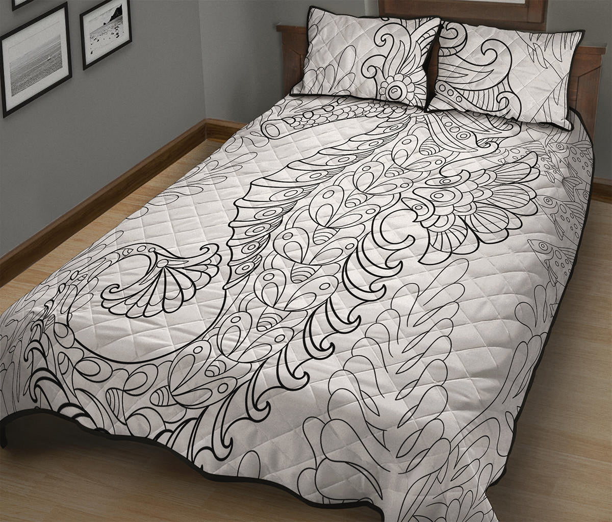Black And White Seahorse Print Quilt Bed Set