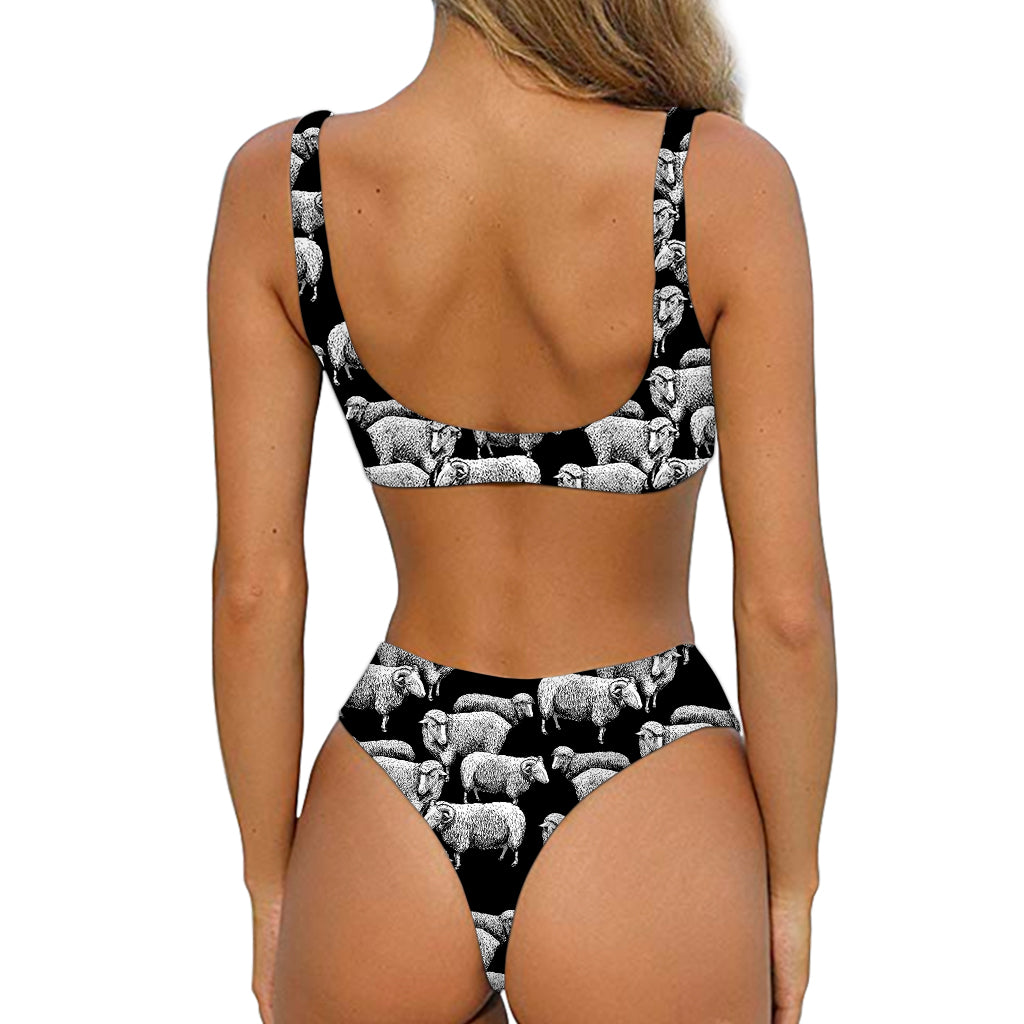 Black And White Sheep Pattern Print Front Bow Tie Bikini
