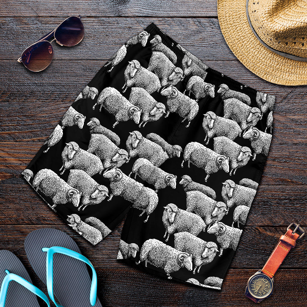 Black And White Sheep Pattern Print Men's Shorts