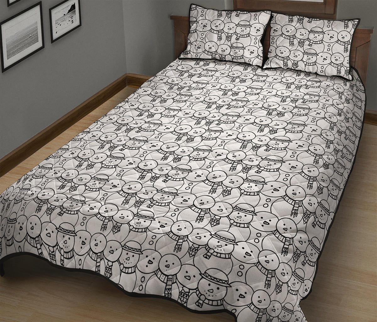 Black And White Snowman Pattern Print Quilt Bed Set