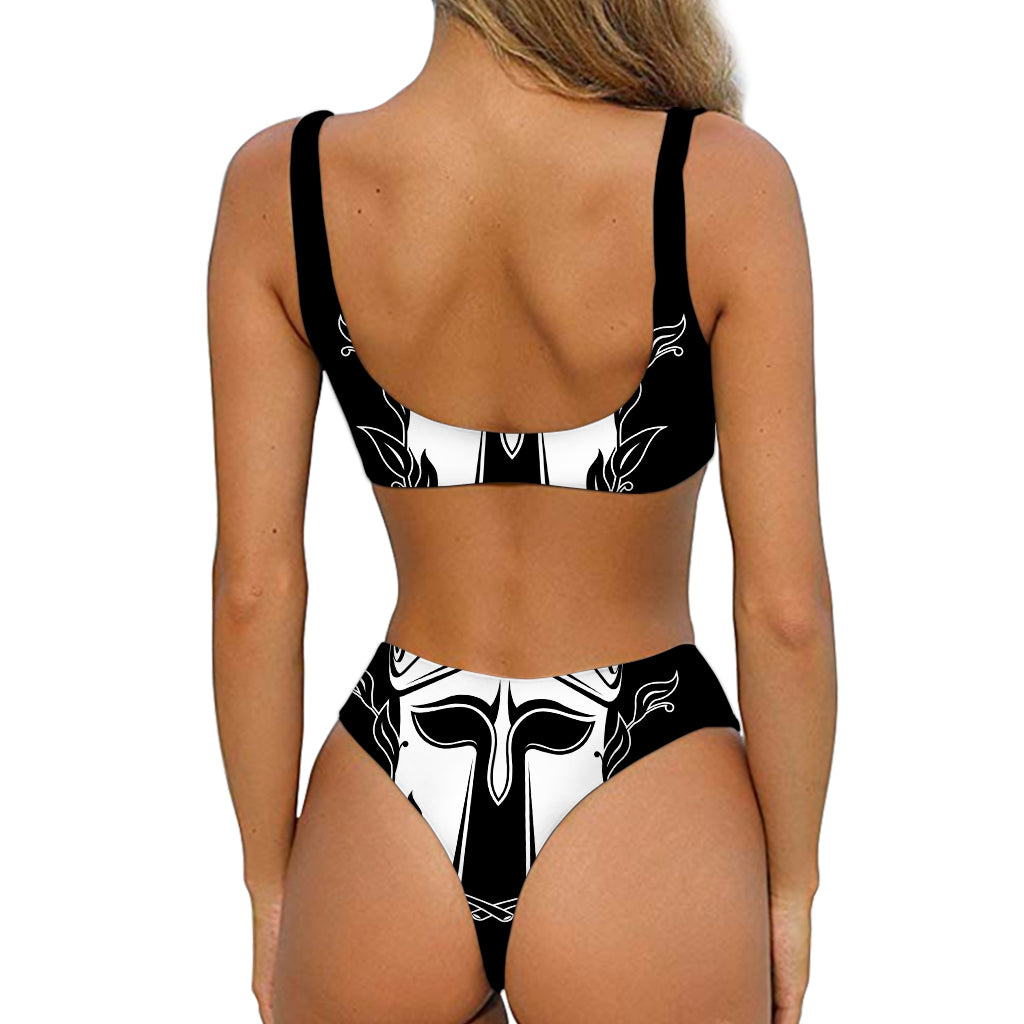 Black And White Spartan Helmet Print Front Bow Tie Bikini