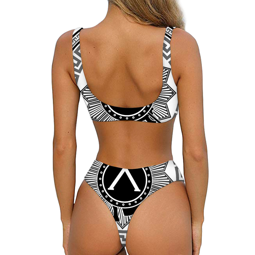Black And White Spartan Warrior Print Front Bow Tie Bikini