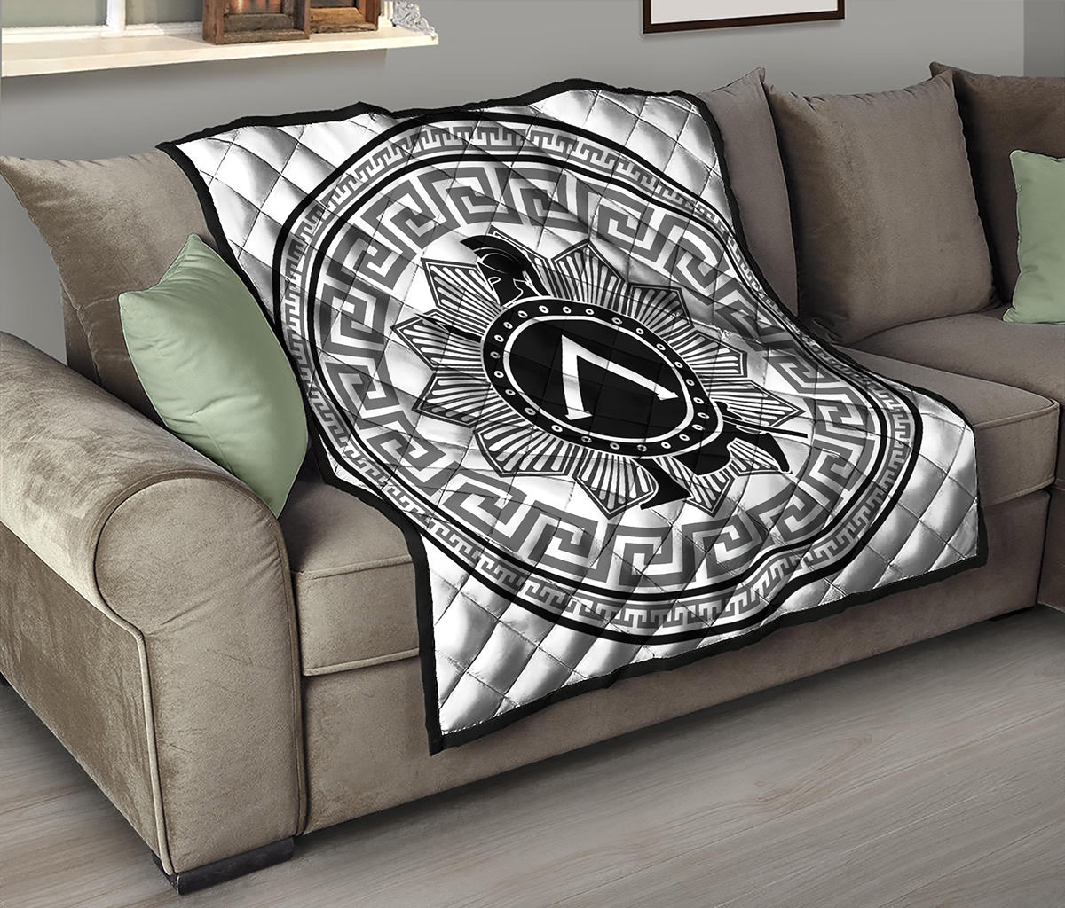Black And White Spartan Warrior Print Quilt