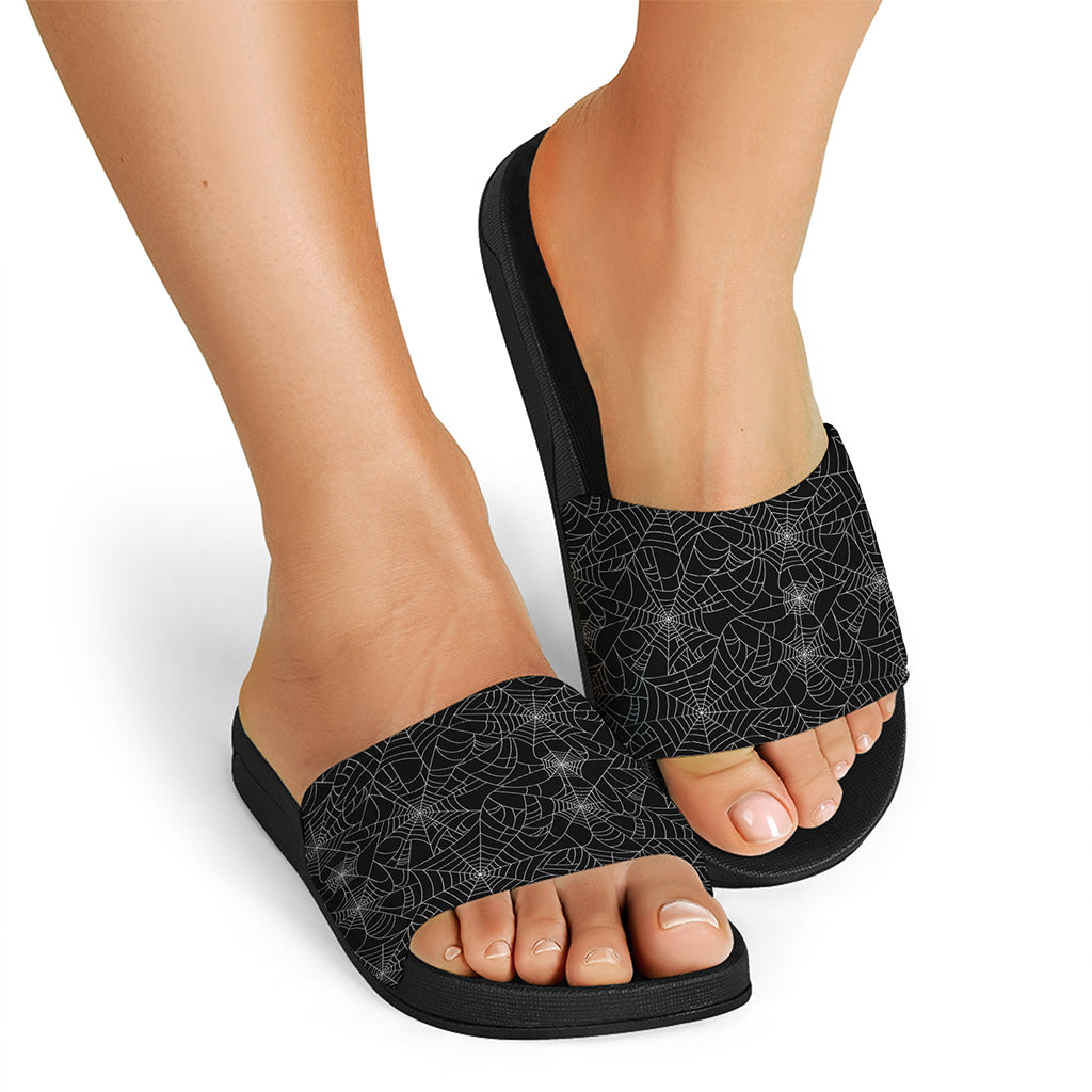 Black And White Spider Web Pattern Print Black Slide Sandals