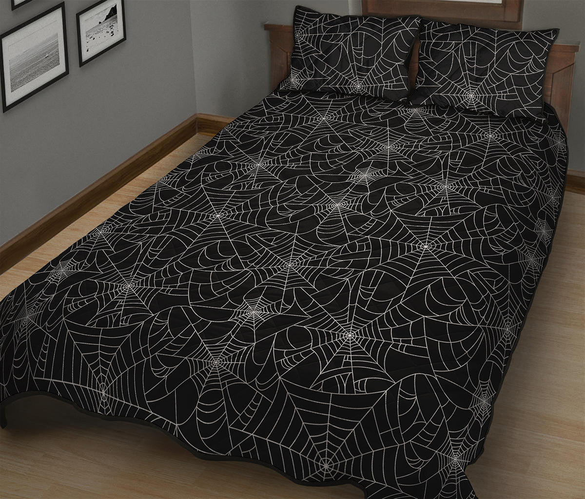 Black And White Spider Web Pattern Print Quilt Bed Set