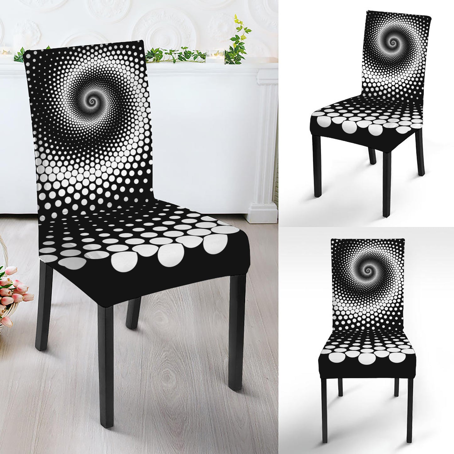 Black And White Spiral Dot Print Dining Chair Slipcover