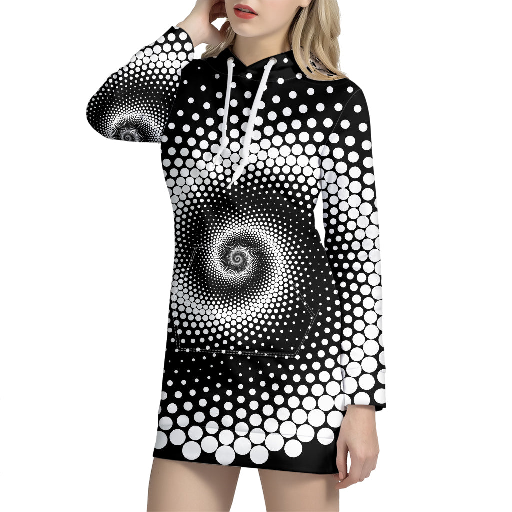 Black And White Spiral Dot Print Pullover Hoodie Dress