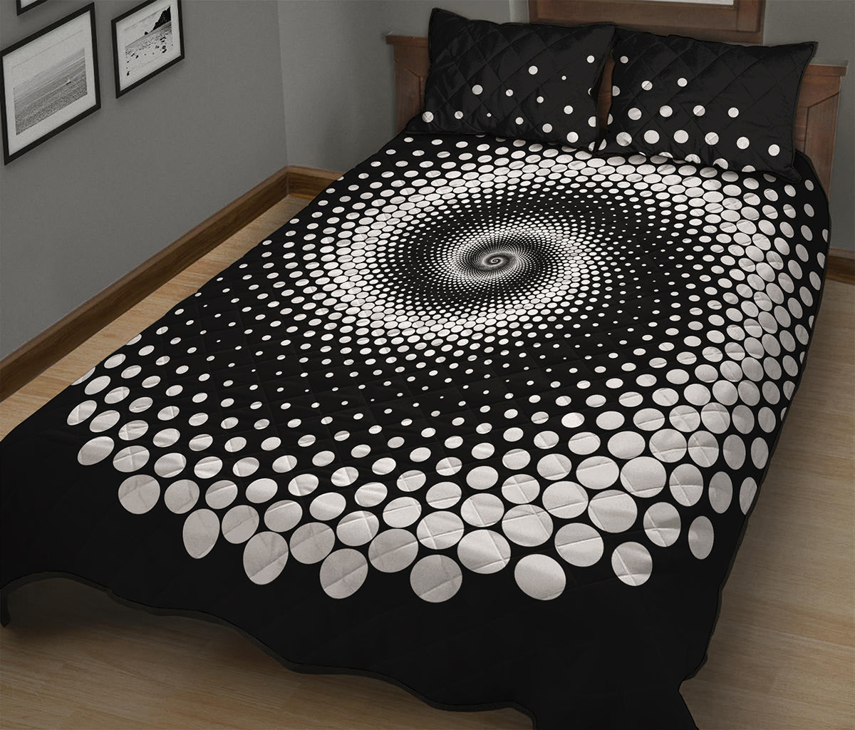 Black And White Spiral Dot Print Quilt Bed Set