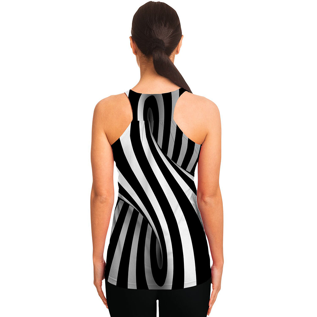 Black And White Spiral Twist Illusion Print Women's Racerback Tank Top