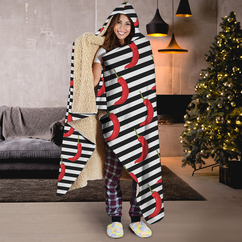 Black And White Striped Chili Print Hooded Blanket