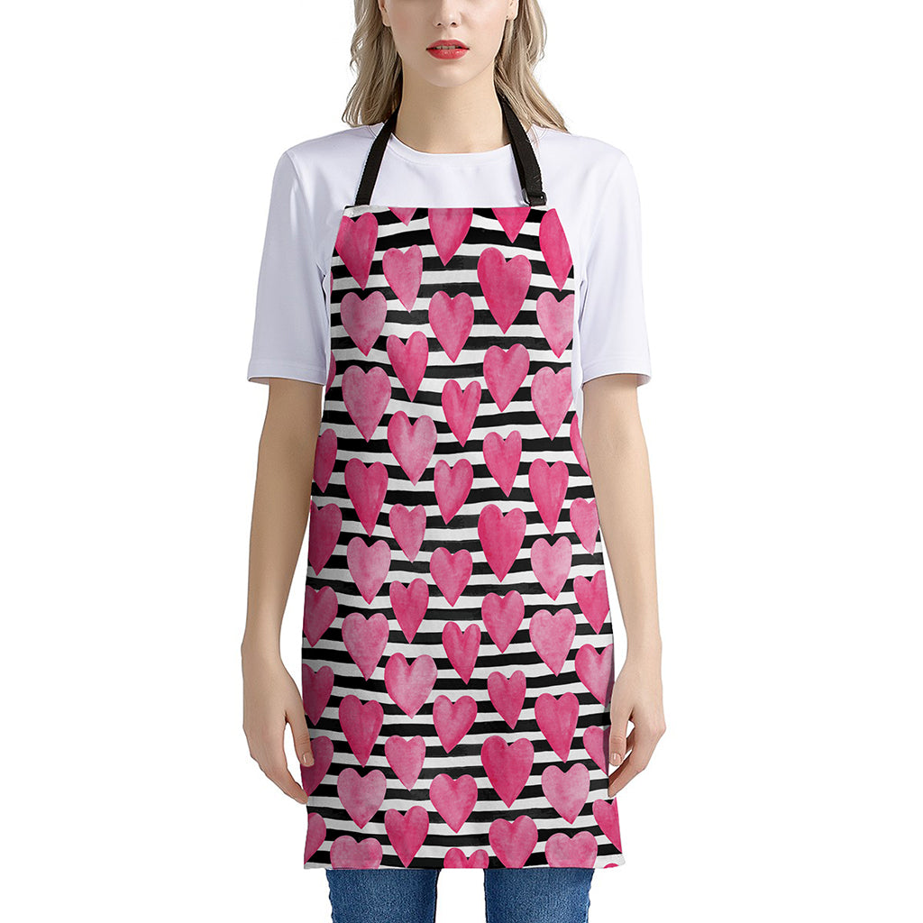 Black And White Striped Heart Print Apron