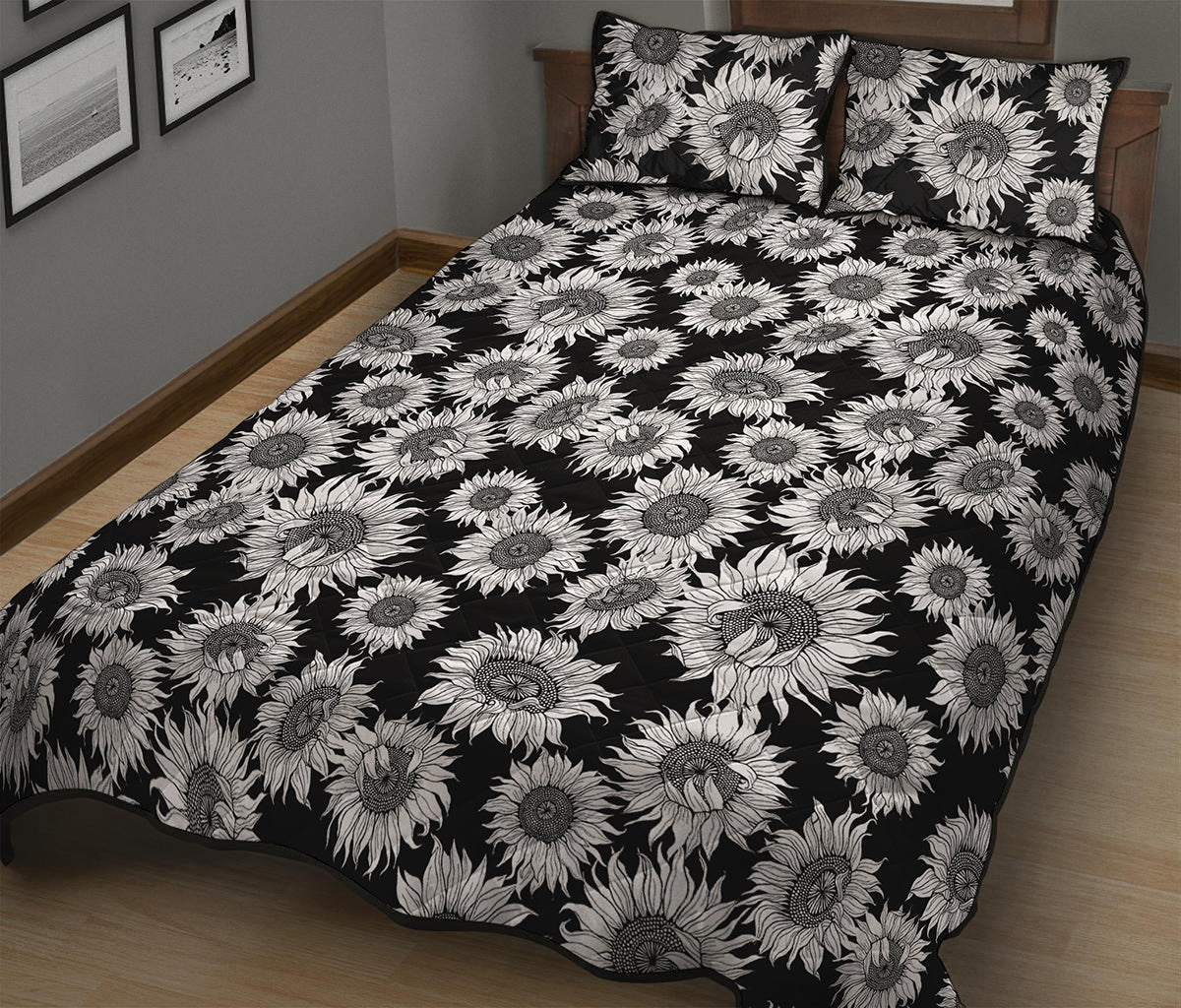 Black And White Sunflower Pattern Print Quilt Bed Set