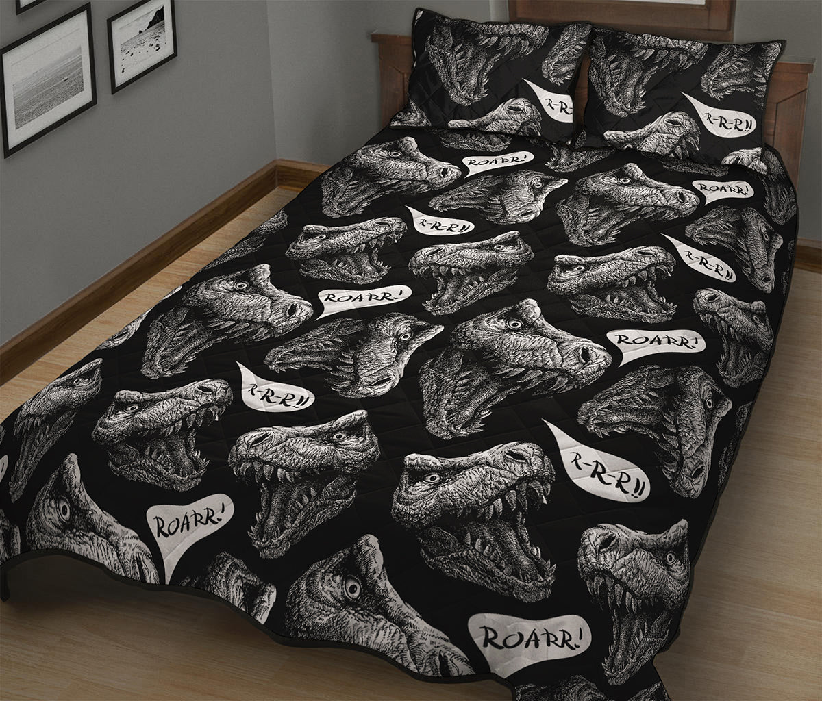 Black And White T-Rex Dinosaur Print Quilt Bed Set