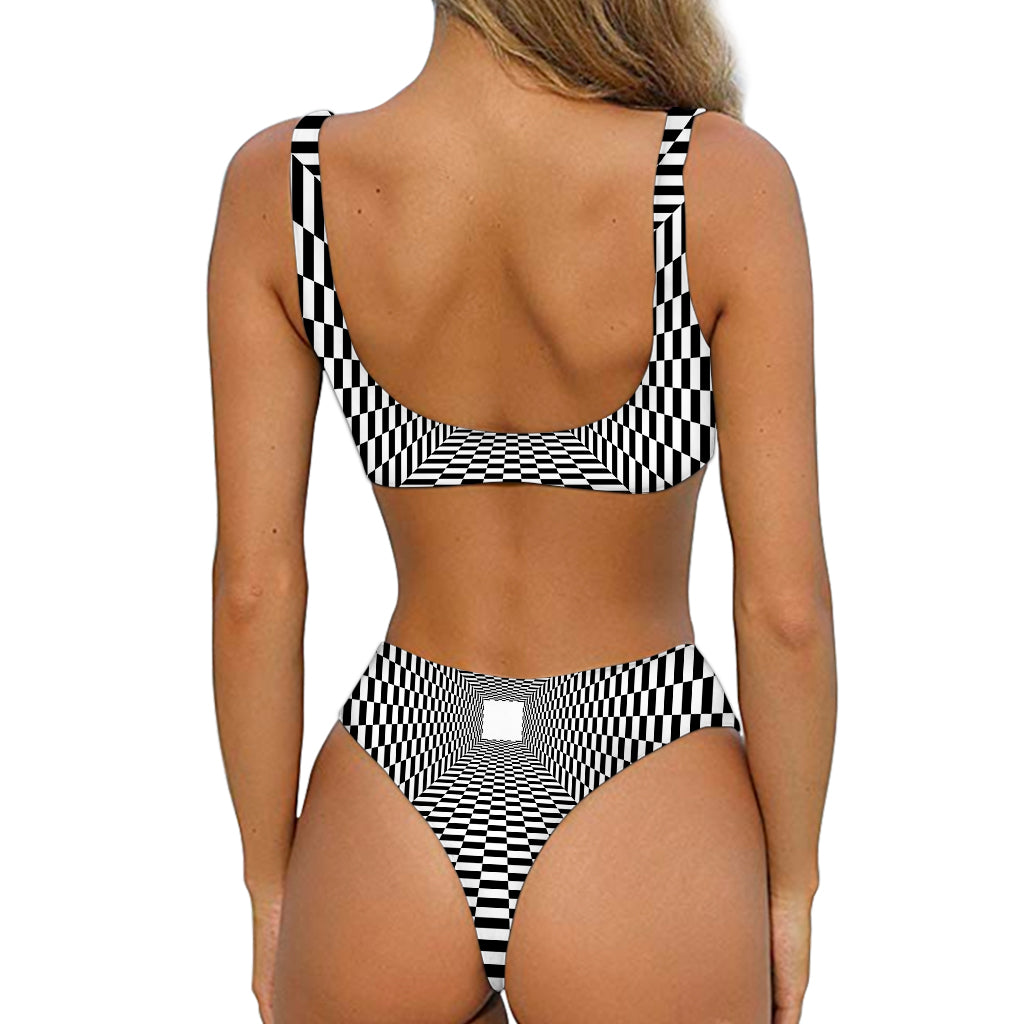 Black And White Tunnel Illusion Print Front Bow Tie Bikini