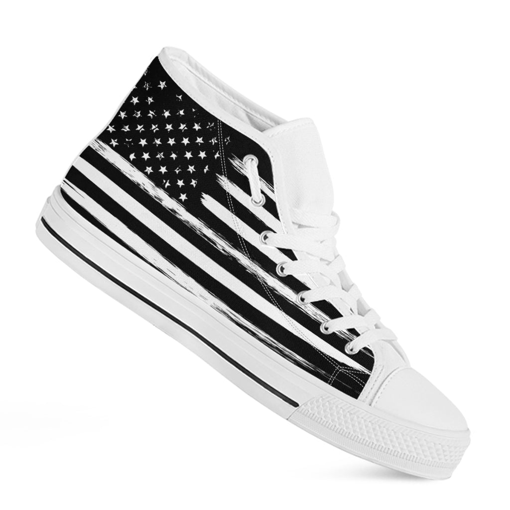 Black And White USA Flag Print White High Top Shoes