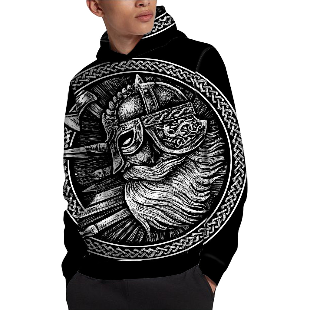 Black And White Viking God Odin Print Pullover Hoodie
