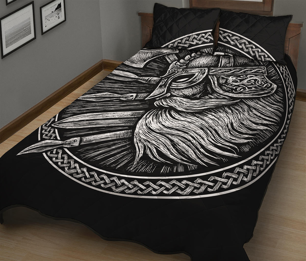 Black And White Viking God Odin Print Quilt Bed Set