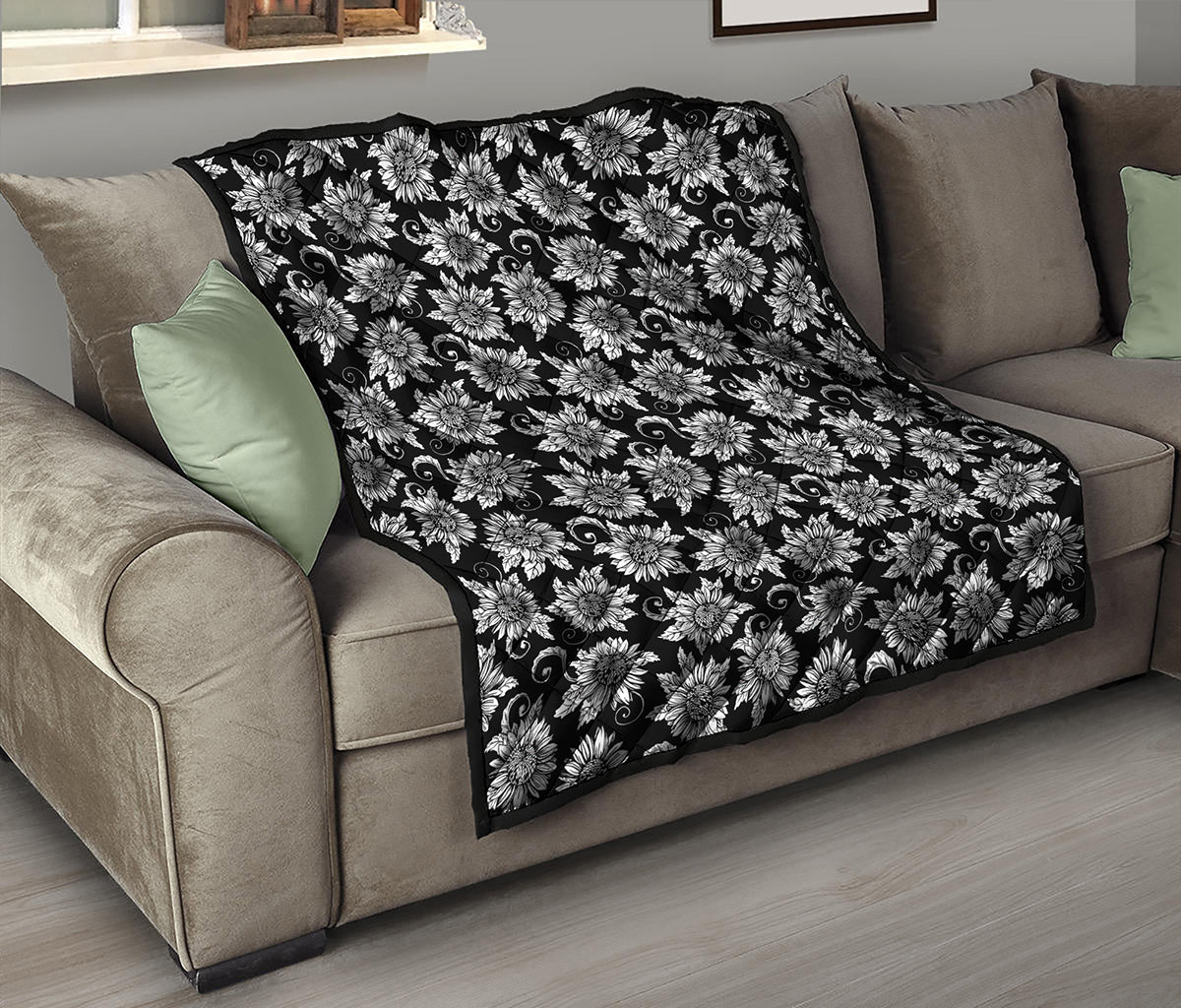Black And White Vintage Sunflower Print Quilt
