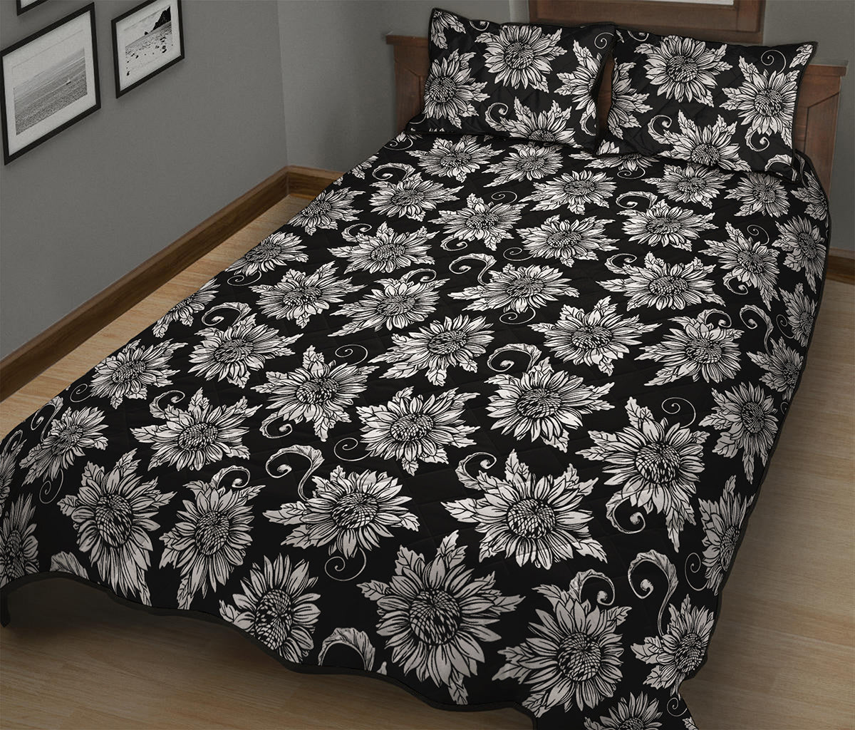 Black And White Vintage Sunflower Print Quilt Bed Set