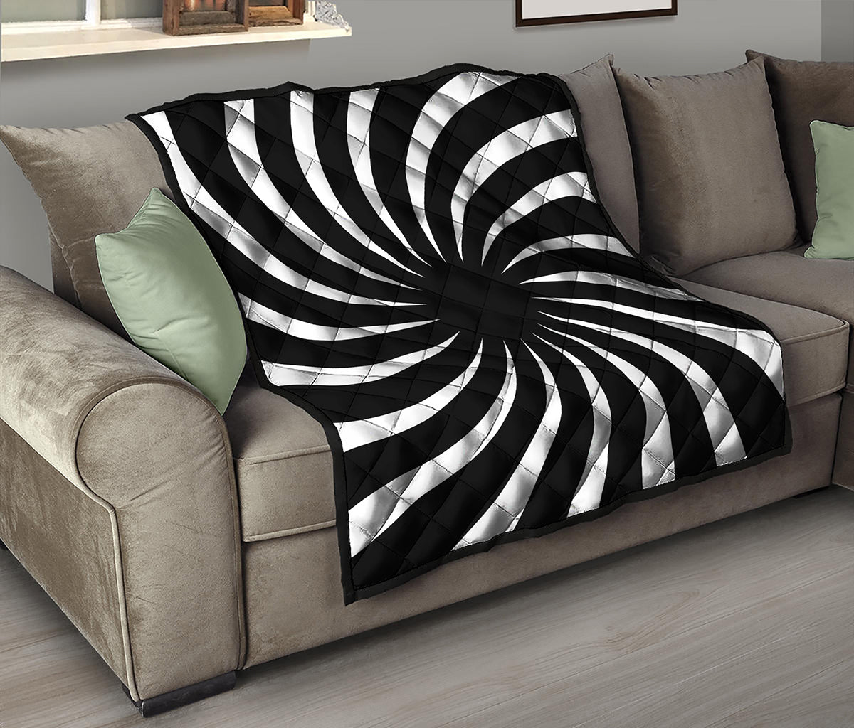 Black And White Vortex Swirl Print Quilt