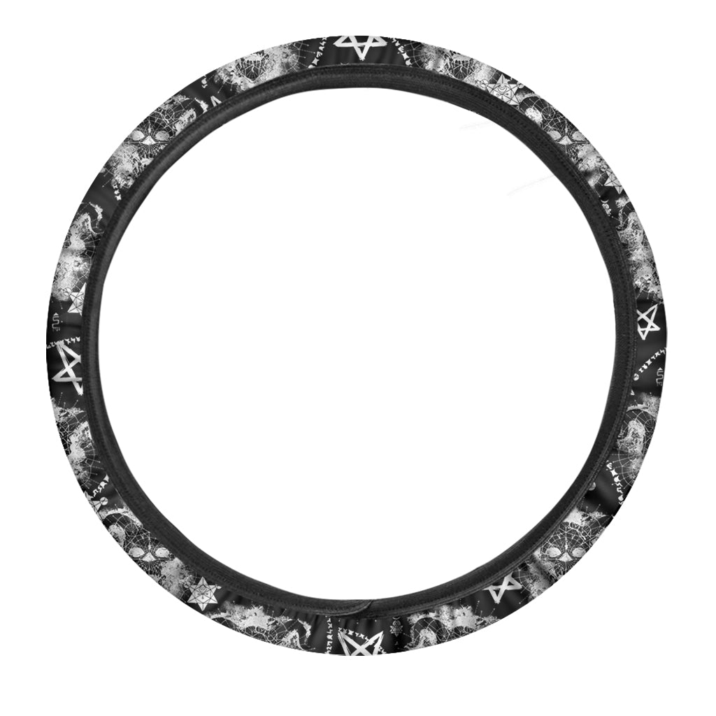 Black And White Wicca Devil Skull Print Car Steering Wheel Cover