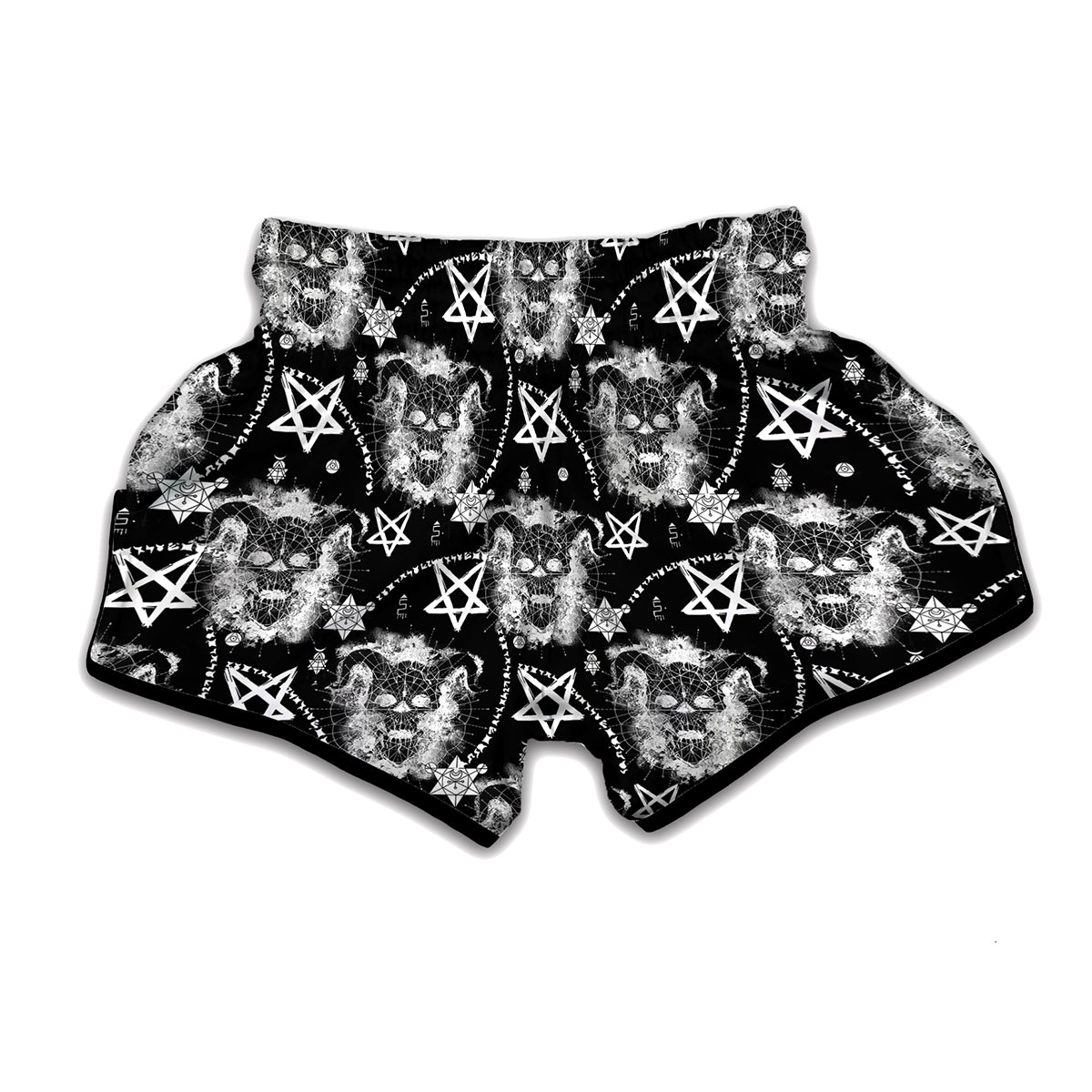 Black And White Wicca Devil Skull Print Muay Thai Boxing Shorts