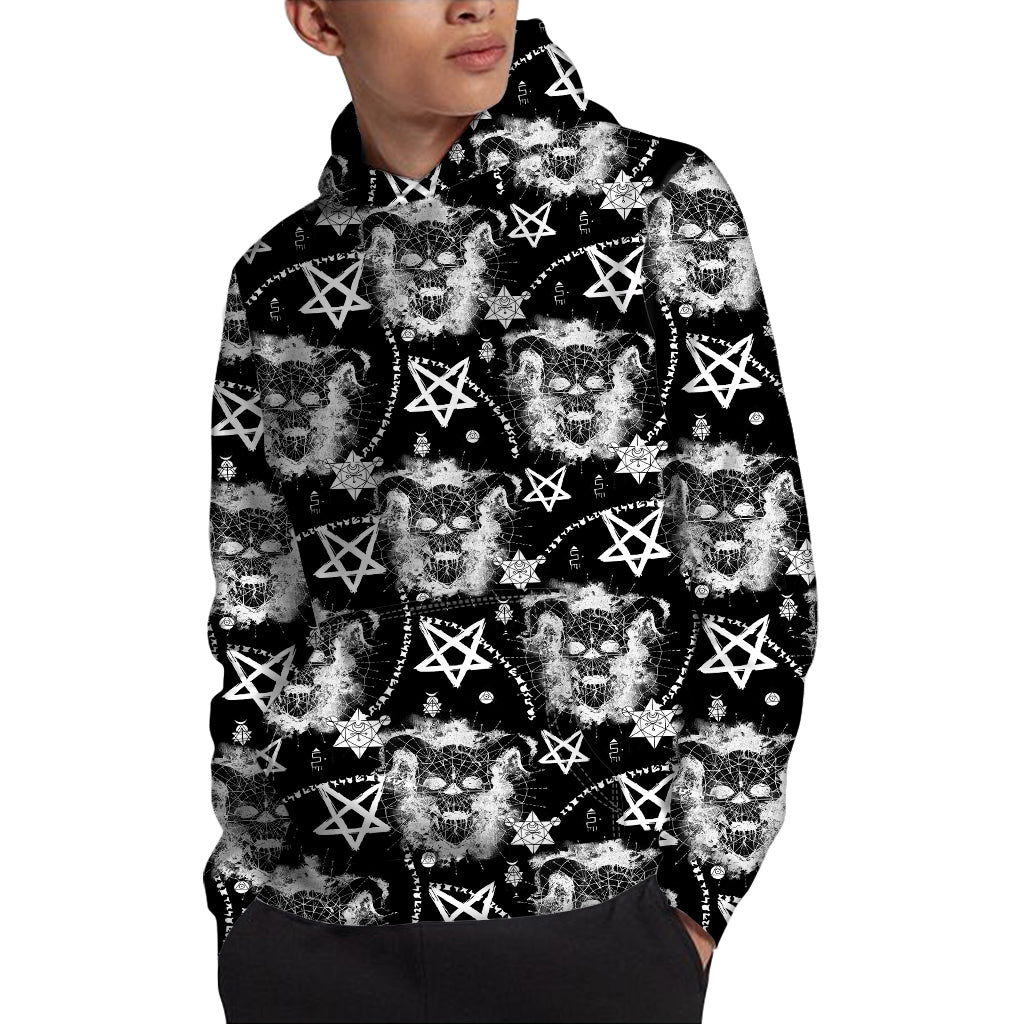 Black And White Wicca Devil Skull Print Pullover Hoodie