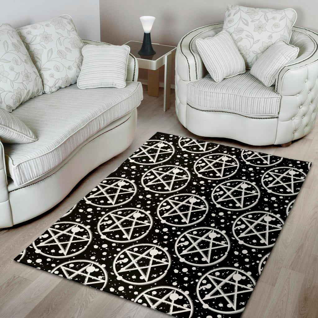 Black And White Wicca Pentagram Print Area Rug