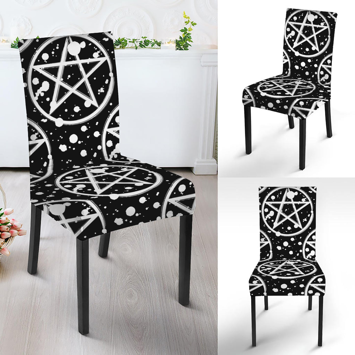 Black And White Wicca Pentagram Print Dining Chair Slipcover