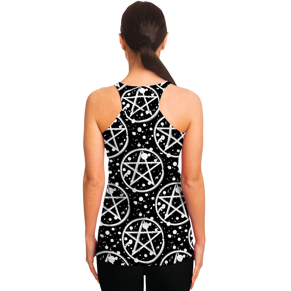 Black And White Wicca Pentagram Print Women's Racerback Tank Top