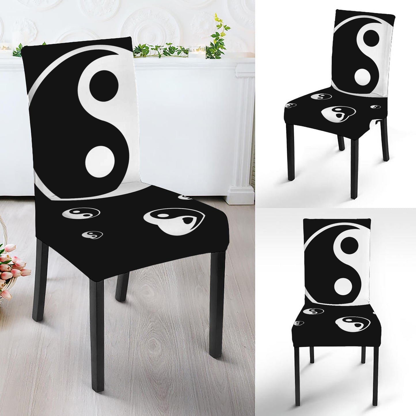 Black And White Yin Yang Pattern Print Dining Chair Slipcover