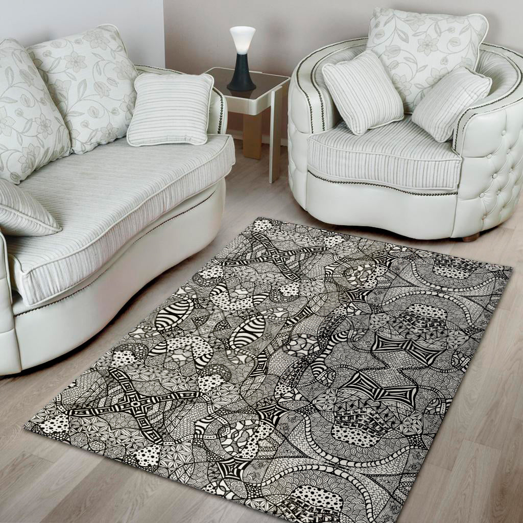 Black And White Zentangle Pattern Print Area Rug