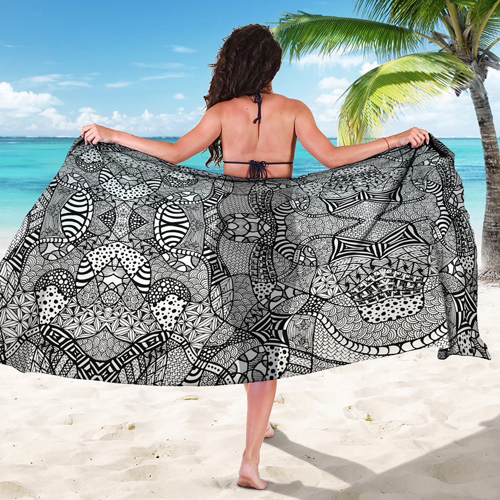Black And White Zentangle Pattern Print Beach Sarong Wrap
