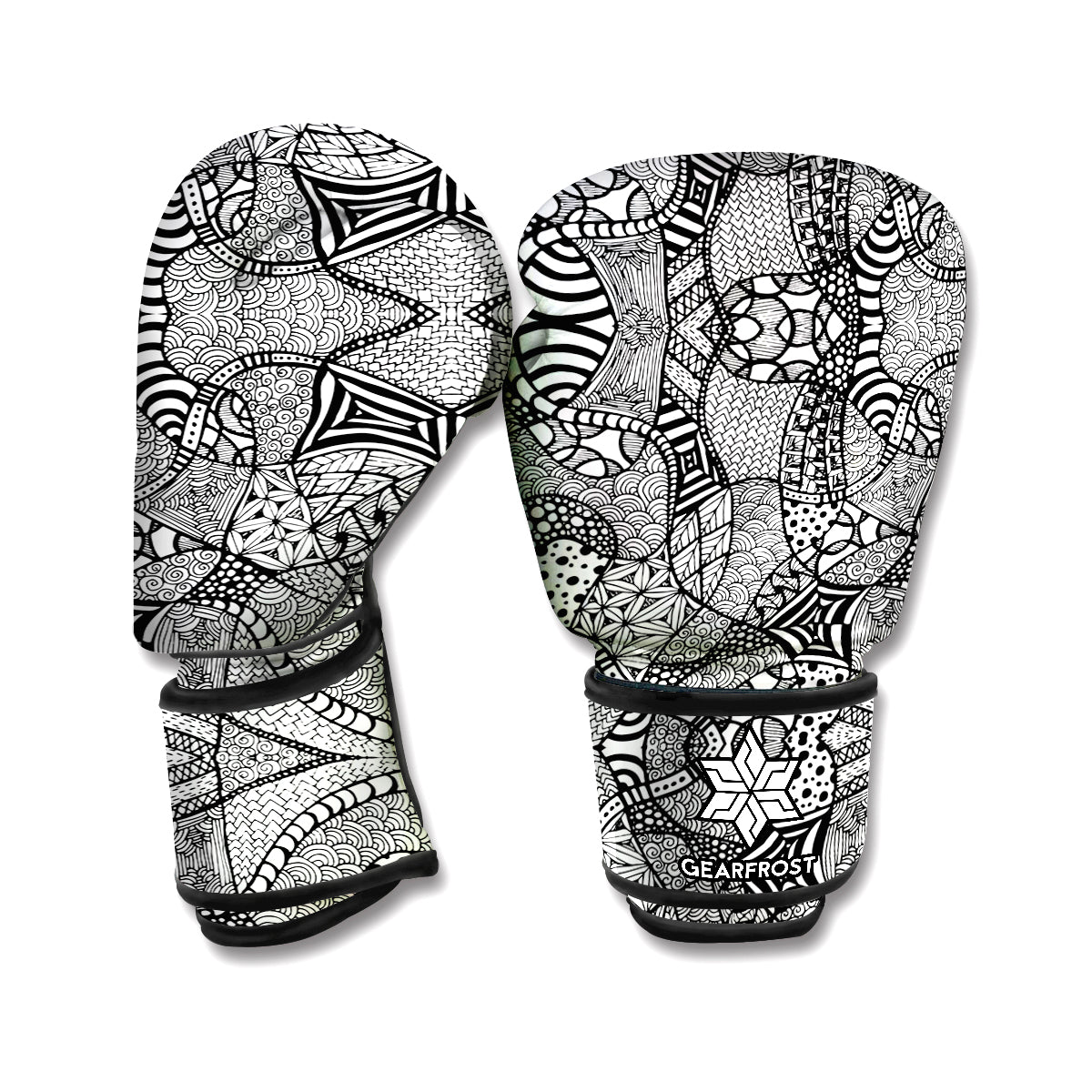 Black And White Zentangle Pattern Print Boxing Gloves